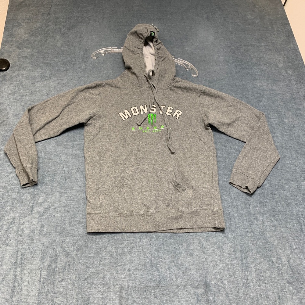 Monster Energy Hoodie Mens Medium Heather Gray Graphic Logo Long Sleeve Pullover